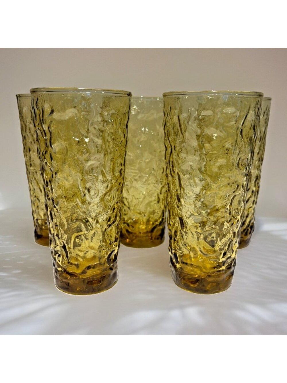 VTG Anchor Hocking Amber Honey Gold Lido Milano Crinkle Glass Tumblers Set of 5
